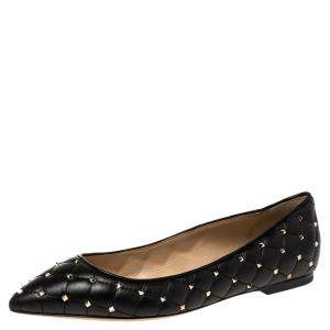 Pre Owned Valentino Black Leather Rockstud Embellished Pointed Toe Ballet Flats Size 37