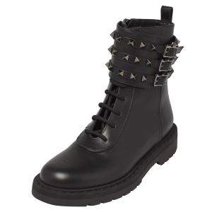 Pre Owned Valentino Black Leather Rockstud Combat Boots Size 37