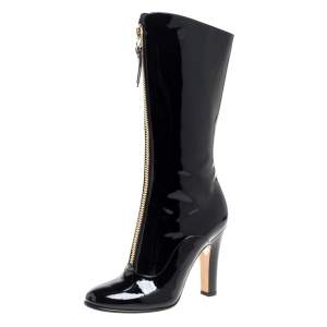 Valentino Black Patent Leather Zip Detail Mid Calf Boots Size 38