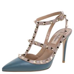 Valentino Teal Leather Rockstud Accents T Strap Sandals Size 38