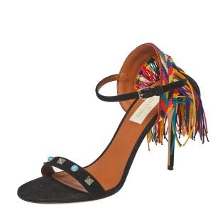 Valentino Black Suede And Multicolor Cotton Lace Fringe Studded Ankle Strap Sandals Size 37