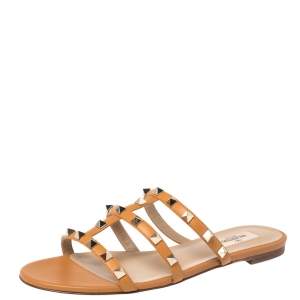 Pre Owned Valentino Tan Leather Rockstud Flat Slides Size 38