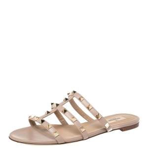 Pre Owned Valentino Beige Leather Rockstud Flat Sandals Size 38