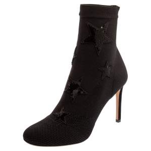 Pre Owned Valentino Black Stretch Knit Star Sequin Embellished Bodytech Ankle Boots Size 37