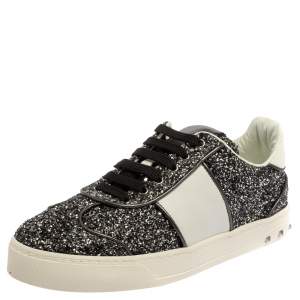 Pre Owned Valentino Black/White Glitter and Leather Fly Crew Low Top Sneakers Size 36