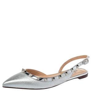 Pre Owned Valentino Silver Leather Rockstud Flat Slingback Sandals Size 38