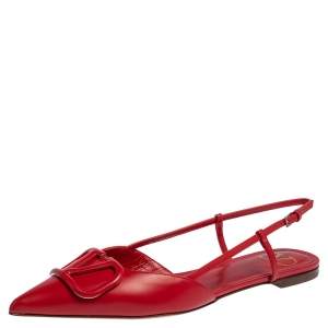 Pre Owned Valentino Red Leather VLogo Slingback Flat Sandals Size 38.5