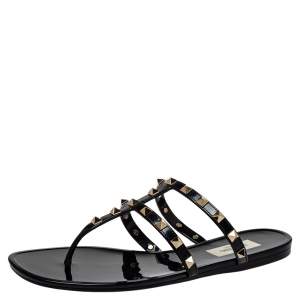 Pre Owned Valentino Black Patent Leather Rockstud Thong Sandals Size 39