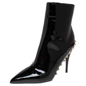 Pre Owned Valentino Black Patent Leather Pointed Toe Studded Boots Size 35