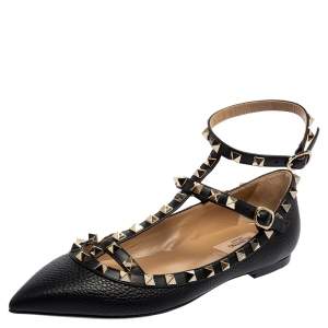 Pre Owned Valentino Black Leather Rockstud Caged Ballet Flats Size 37