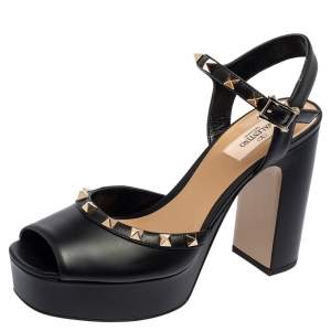 Valentino Black Leather Rockstud Platform Sandals Size 38 