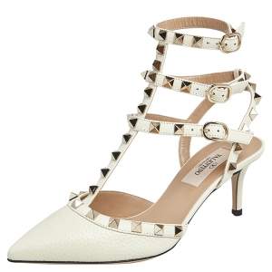 Valentino White Grained Leather Rockstud Pinted Toe Sandals Size 35 