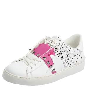 Pre Owned Valentino White/Pink Printed Leather Open Zebra Sneakers Size 38