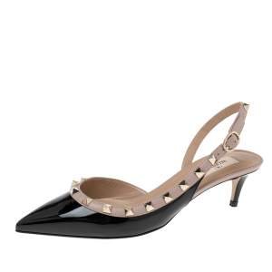 مملوكة مسبقًا Valentino Black/Beige Patent And Leather Rockstud Slingback Pointed Toe Sandals Size 37.5