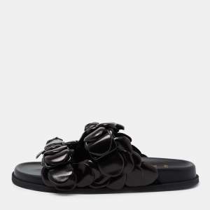 Pre Owned Valentino Black Leather Atelier 03 Rose Edition Flat Slides Size 37