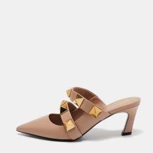 Pre Owned Valentino Beige Leather Roma Stud Kitten Mules Size 37.5