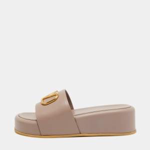 Pre Owned Valentino Beige Leather VLogo Signature Platform Slides Size 38.5