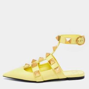 Valentino Lime Yellow Roman Stud Ankle Cuff Flat Mules Size 38