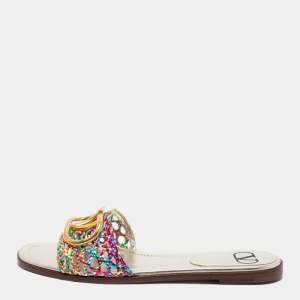 Valentino Multicolor Braided Leather VLOGO Flat Slides Size 38