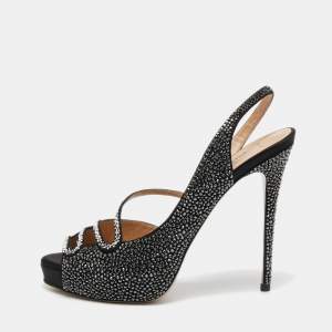 Valentino Black Satin Crystal Embellished Slingback Platform Sandals Size 40