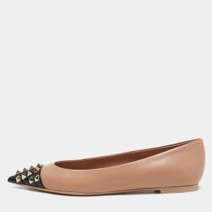 Pre Owned Valentino Beige/Black Leather and Patent Rockstud Ballet Flats Size 37