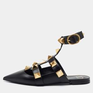 Valentino Black Leather Roman Stud Ankle Strap Flats Size 39