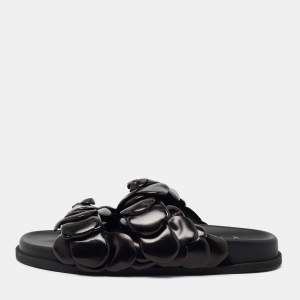 Pre Owned Valentino Black Leather Rose Atelier Fat Slides Size 38