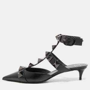 Pre Owned Valentino Black Leather Roman Stud Ankle Strap Pumps Size 39