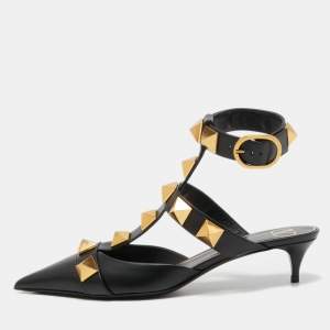 Pre Owned Valentino Black Leather Roman Stud Ankle Strap Pumps Size 39