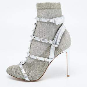 Valentino Silver Leather and Glitter Fabric Rockstud Accents Sock Boots Size 40 