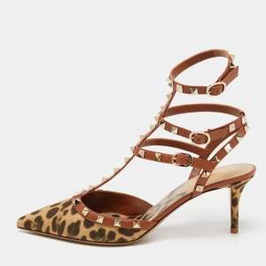 Pre Owned Valentino Brown Leather and Canvas  Rockstud Ankle Strap Pumps Size 41
