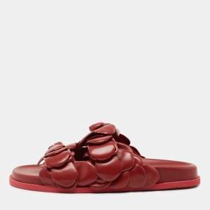 Pre Owned Valentino Dark Red Leather Atelier 03 Rose Edition Flat Slides Size 40