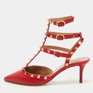 Pre Owned Valentino Red Leather Rockstud Ankle Strap Pumps Size 36