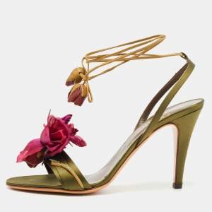 Pre Owned Valentino Olive Green Satin Floral Applique Ankle Tie Sandals Size 38.5