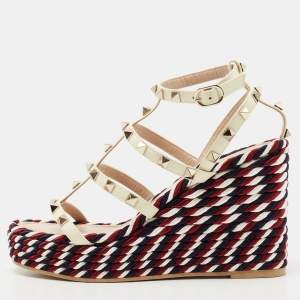 Valentino Cream Patent Leather Rockstud Wedge Sandals Size 36