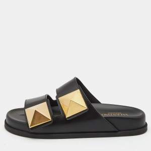 Pre Owned Valentino Black Leather Roman Stud Flat Slides Size 38