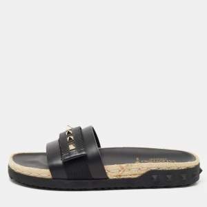 Pre Owned Valentino Black Leather Rockstud Espadrilles Flats  Size 39 
