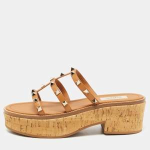 Valentino Brown Leather Rockstud Slide Sandals Size 39