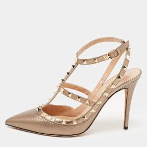 Pre Owned Valentino Metallic Leather Rockstud Strappy Pointed Toe Pumps Size 40.5 