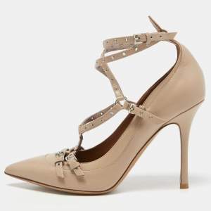 Pre Owned Valentino Beige Leather Love Latch Pumps Size 38.5