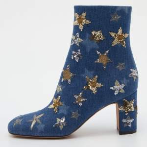 Pre Owned Valentino Blue Denim Sequin and Embroidered Stars Ankle Boots Size 39.5