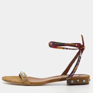 Pre Owned Valentino Brown Suede Rockstud Rolling Ankle Tie Flats Size 38.5