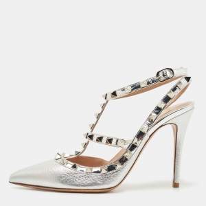 Pre Owned Valentino Silver Leather Rockstud Ankle Strap Pumps Size 36.5