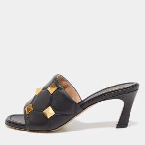 Pre Owned Valentino Black Leather Roman Stud Slide Sandals Size 39.5