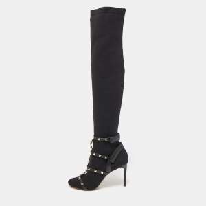 Pre Owned Valentino Black Knit Fabric and Leather Rockstud Over The Knee Booties Size 39