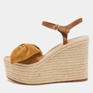 Pre Owned Valentino Brown Suede and Leather Wedge Bow Espadrille Sandals Size 38