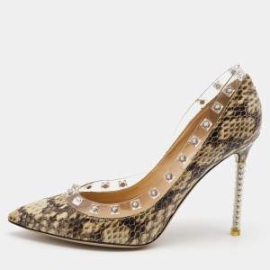 Pre Owned Valentino Beige/Brown Python and PVC  Leather Rockstud Pumps Size 36