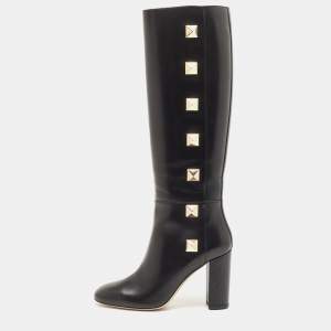Pre Owned Valentino Black Leather Rockstud Knee Length Boots Size 39.5