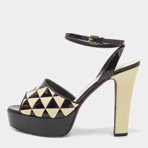 Pre Owned Valentino Black/Cream Patent Leather Platform Ankle Sandals Size 39