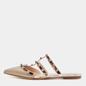 Valentino Metallic Leather Rockstud Strappy Flat Mules Size 37.5